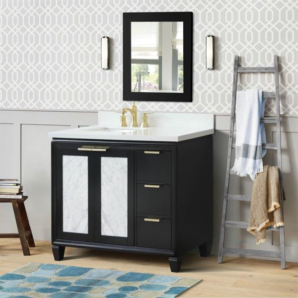 43″ Single Vanity in Black Finish with White Quartz and Rectangle Sink- Left Door/Left Sink