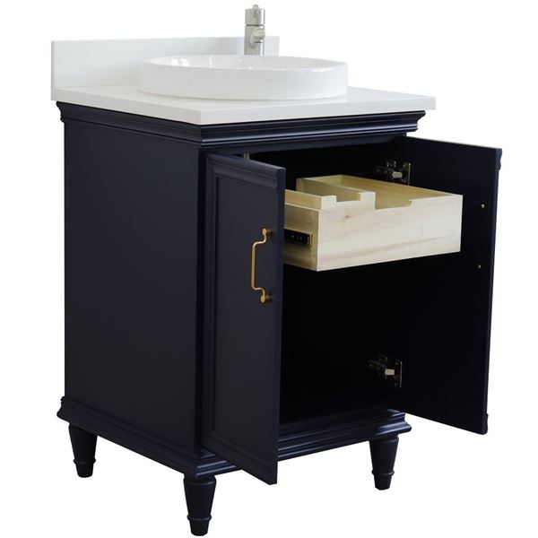 25" Single vanity in Blue finish with White quartz and round sink
