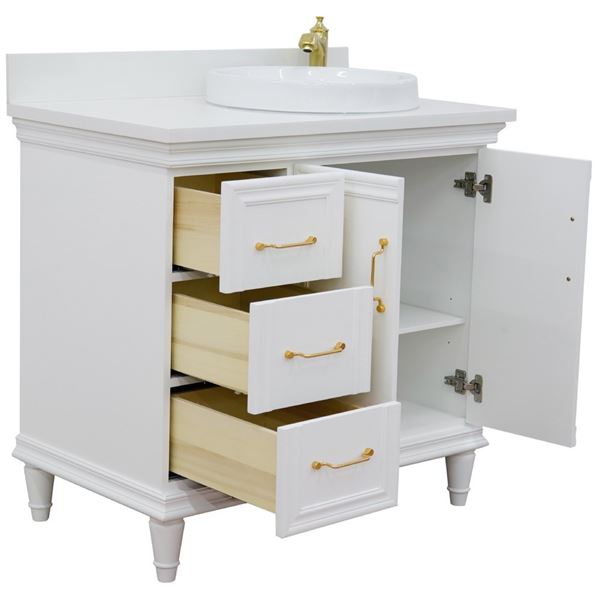 37" Single vanity in White finish with White quartz and round sink- Right door/Right sink