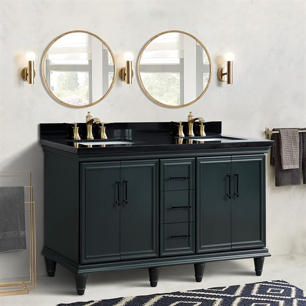 61″ Double Sink Vanity in Dark Gray Finish and Black Galaxy Granite and Rectangle Sink