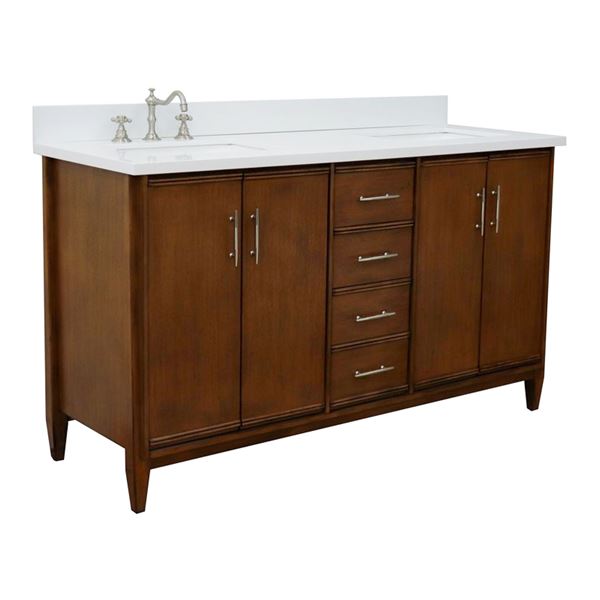 61" Double Sink Vanity in Walnut Finish With White Quartz and Rectangle Sink