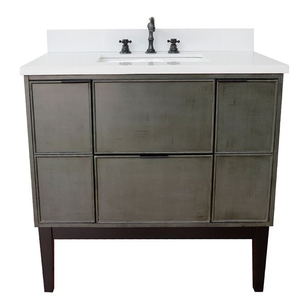 37" Single Vanity in Linen Gray Finish With White Quartz Top and Rectangle Sink
