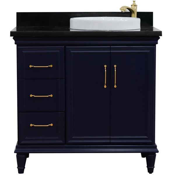 37" Single vanity in Blue finish with Black galaxy and round sink- Right door/Right sink