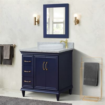 37" Single vanity in Blue finish with White Carrara and round sink- Right door/Right sink