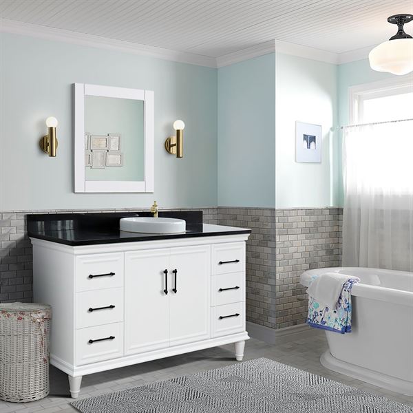 61" Single Vanity in White Finish with Black Galaxy and Round Sink