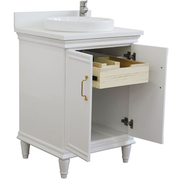 25" Single vanity in White finish with White quartz and round sink