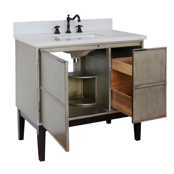 37" Single Vanity in Linen Brown Finish With White Quartz Top and Rectangle Sink
