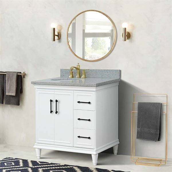 37" Single Vanity in White Finish with Gray Granite and Oval Sink- Left Door/Left Sink