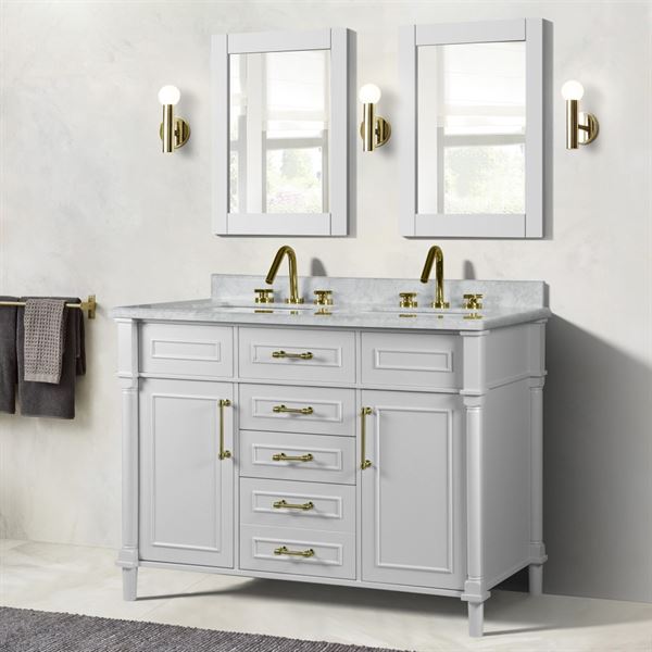 Napa 48 in. Double Vanity in White with White Carrara Marble Top with Gold Hardware