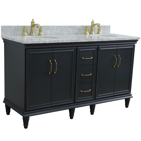 61" Double sink vanity in Dark Gray finish and White carrara marble and oval sink