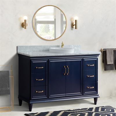 61" Single sink vanity in Blue finish and White carrara marble and round sink