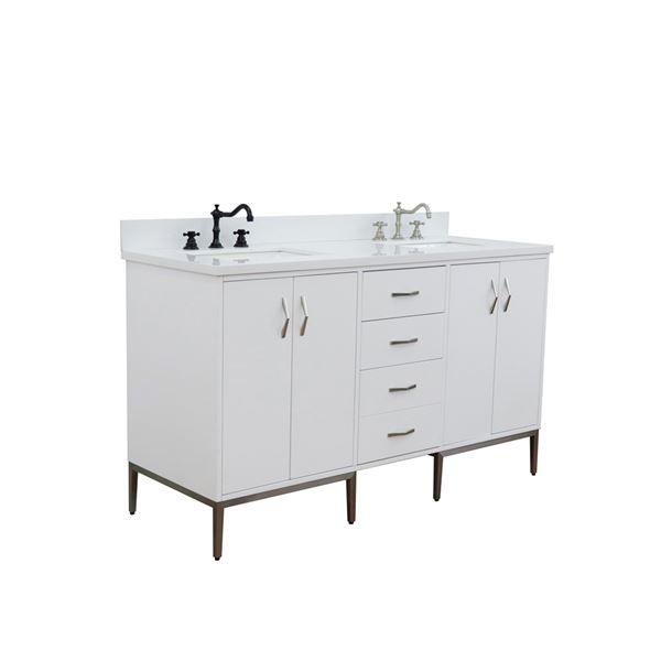 61" Double Sink Vanity in White Finish With White Quartz and Rectangle Sink