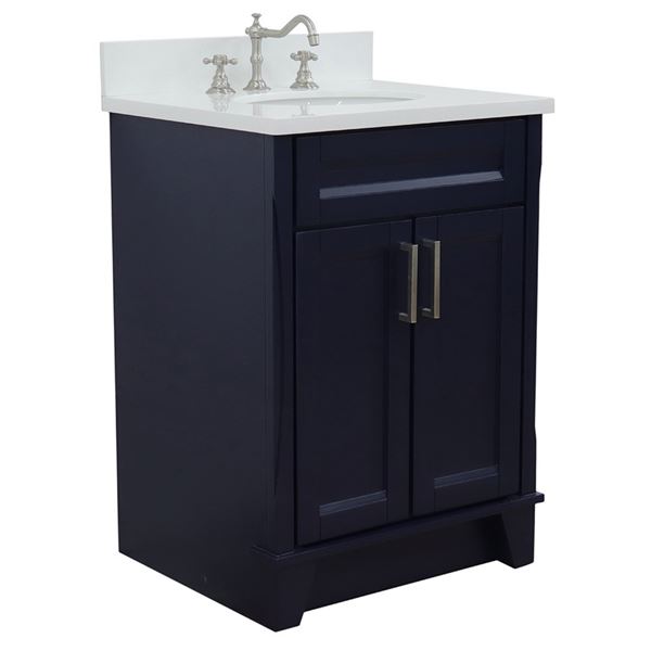 25" Single Sink Vanity in Blue Finish With White Quartz and Oval Sink