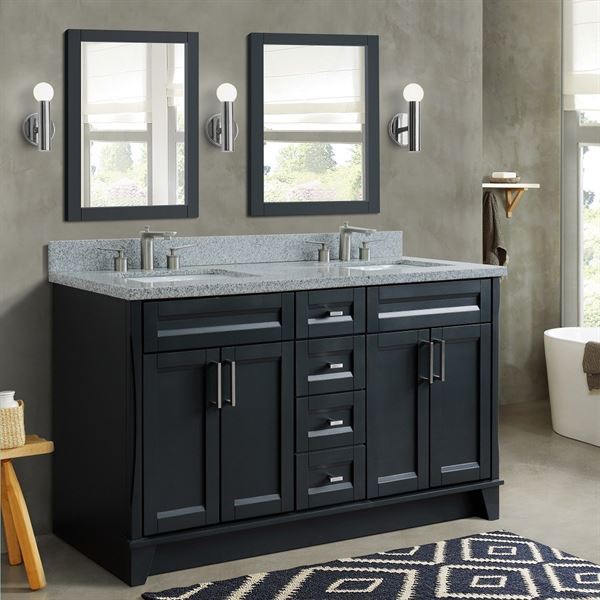 Bellaterra Home Com Bathroom Vanities 61 In Double Sink Vanity Dark Gray Finish And Granite Rectangle - Dark Gray Bathroom Sink