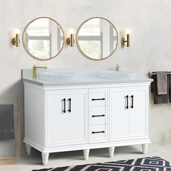 61" Double Sink Vanity in White Finish with White Engineered Stone Top, Round Sinks
