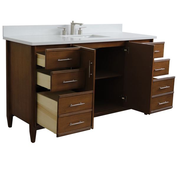 61" Single Sink Vanity in Walnut Finish With White Quartz and Rectangle Sink