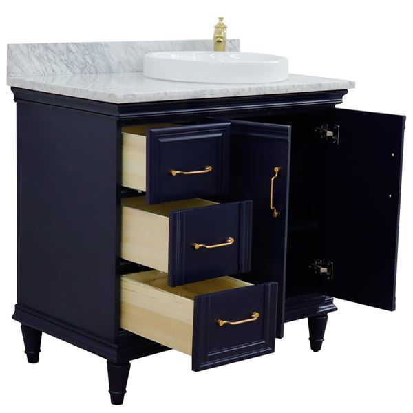 37" Single vanity in Blue finish with White Carrara and round sink- Right door/Right sink