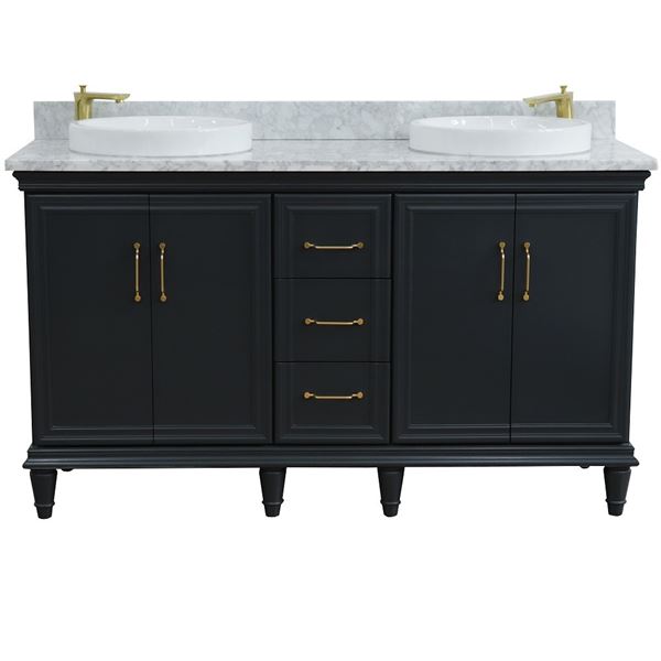 61" Double sink vanity in Dark Gray finish and White carrara marble and round sink