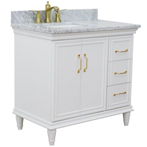37" Single vanity in White finish with White Carrara and rectangle sink- Left door/Left sink