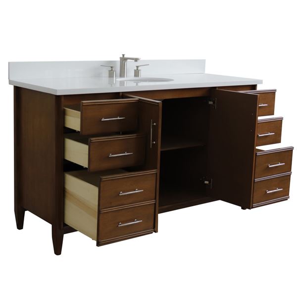 61" Single Sink Vanity in Walnut Finish With White Quartz and Oval Sink