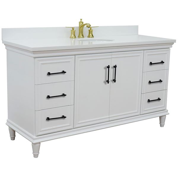 61" Single Vanity in White Finish with White Engineered Stone Top, Oval Sink
