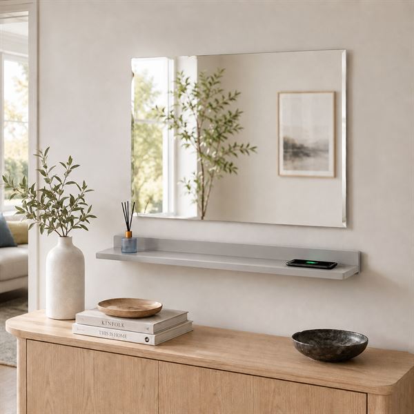 35" Light Gray Wireless Charging Shelf and Frameless Mirror Set