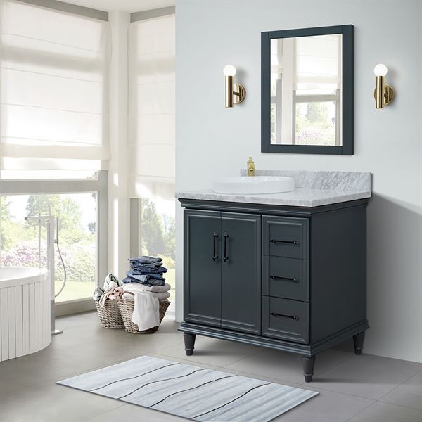 37″ Single Vanity in Dark Gray Finish with White Carrara and Round Sink- Left Door/Left Sink