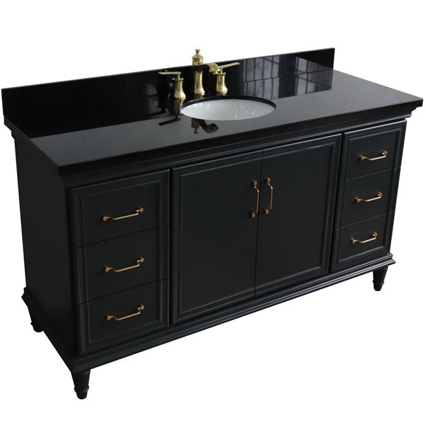 61" Single sink vanity in Dark Gray finish and Black galaxy granite and oval sink