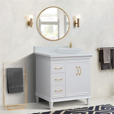 37" Single vanity in White finish with White quartz and round sink- Right door/Right sink