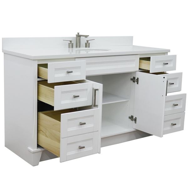 61" Single Sink Vanity in White Finish and White Quartz and Oval Sink