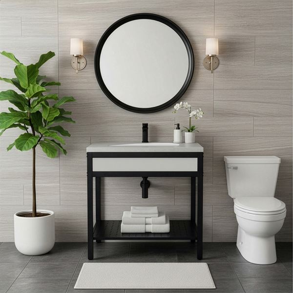 31 in. Single Sink Vanity- Black Metal Frame with Light Gray Concrete Sink Top