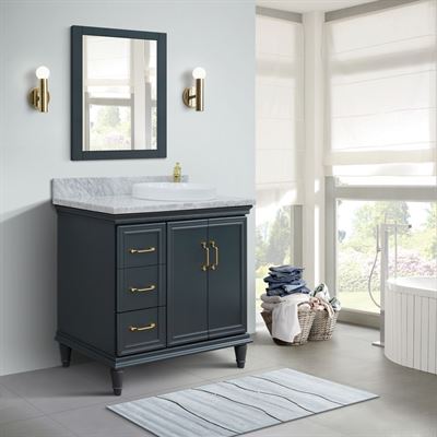 37" Single vanity in Dark Gray finish with White Carrara and round sink- Right door/Right sink