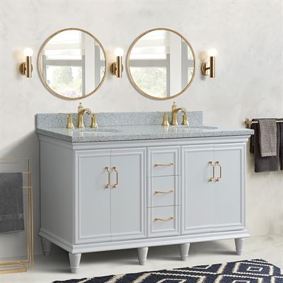 61" Double sink vanity in White finish and Gray granite and oval sink