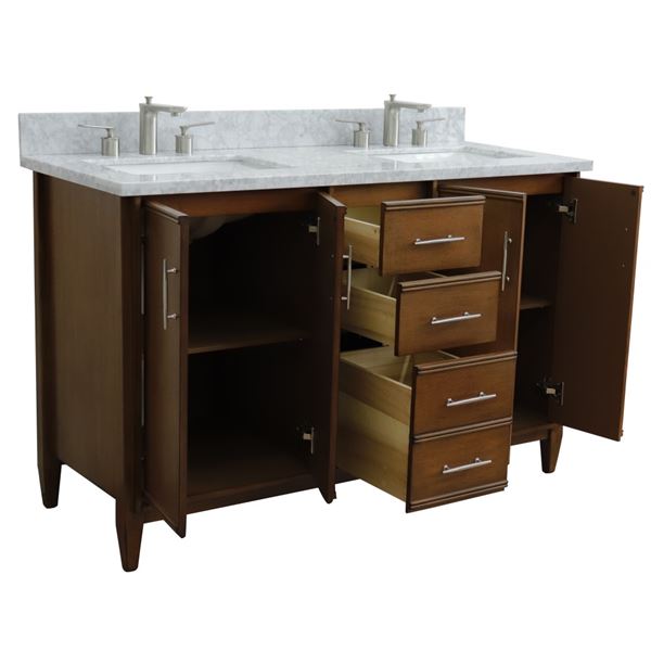 55" Double vanity in Walnut finish with white carrara marble and rectangle sinks