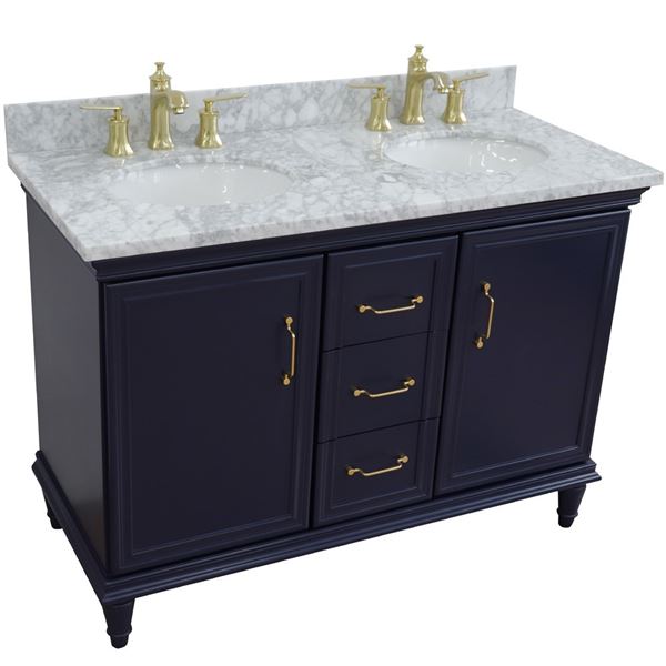 49" Double vanity in Blue finish with White Carrara and oval sink