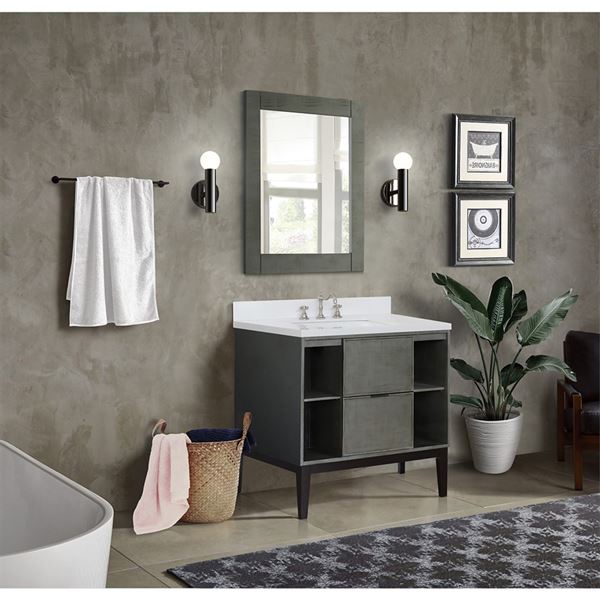 37″ Single Vanity in Linen Gray Finish with White Quartz Top and Rectangle Sink