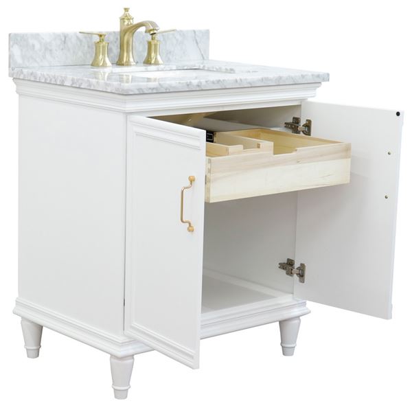 31" Single vanity in White finish with White Carrara and rectangle sink