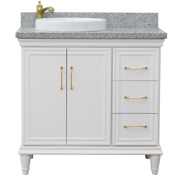 37" Single vanity in White finish with Gray granite and round sink- Left door/Left sink