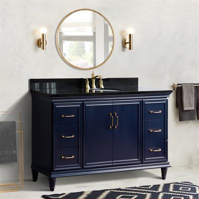 61" Single sink vanity in Blue finish and Black galaxy granite and oval sink