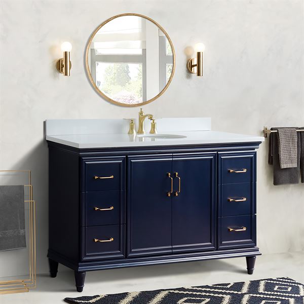 61" Single Sink Vanity in Blue Finish and White Quartz and Oval Sink