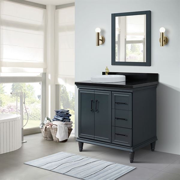 37″ Single Vanity in Dark Gray Finish with Black Galaxy and Round Sink- Left Door/Left Sink