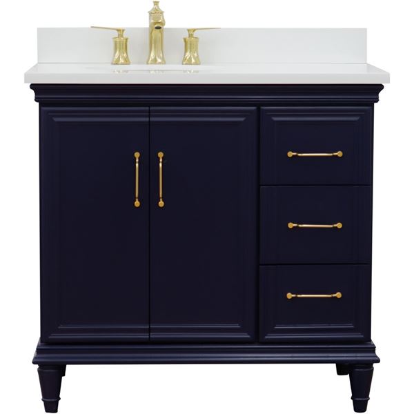 37" Single vanity in Blue finish with White quartz and oval sink- Left door/Left sink