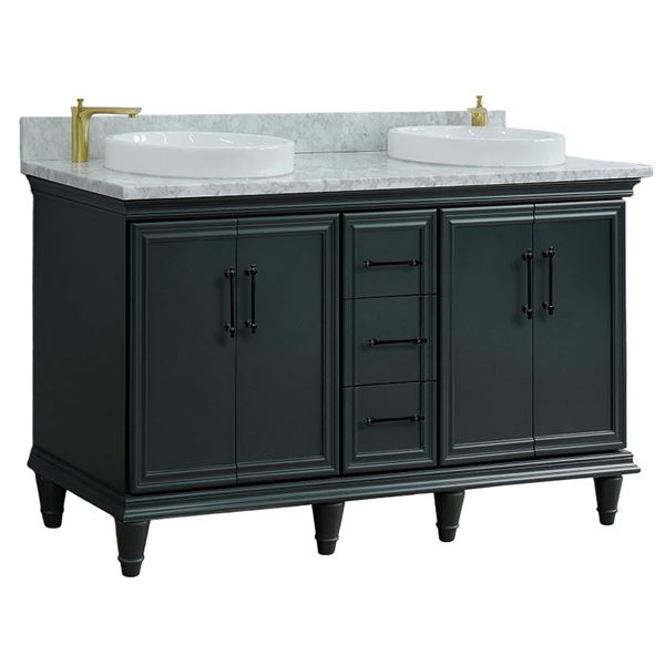 61" Double Sink Vanity in Dark Gray Finish and White Carrara Marble and Round Sink