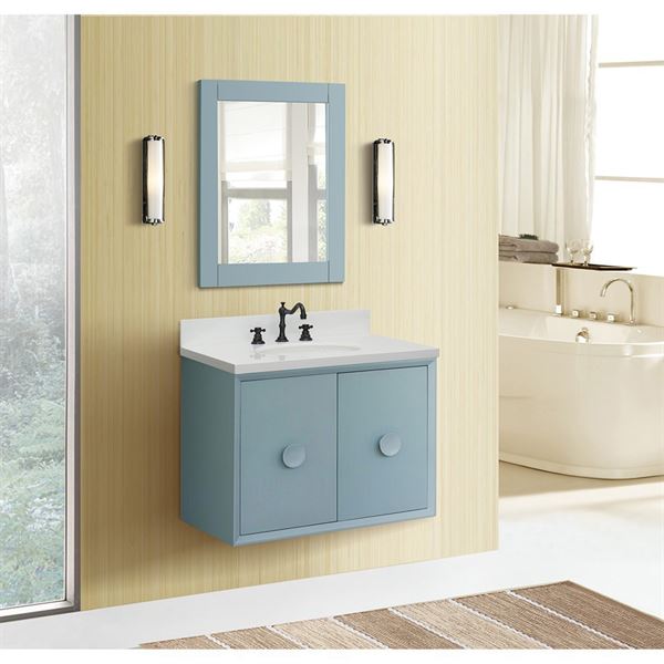 31″ Single Wall Mount Vanity in Aqua Blue Finish with White Quartz Top and Oval Sink