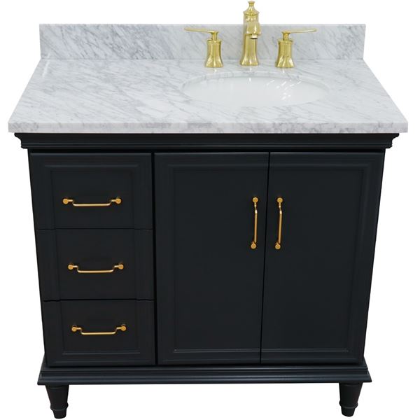 37" Single vanity in Dark Gray finish with White Carrara and oval sink- Right door/Right sink
