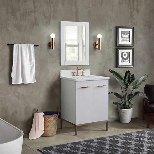 25" Single Sink Vanity in White Finish With White Quartz and Rectangle Sink