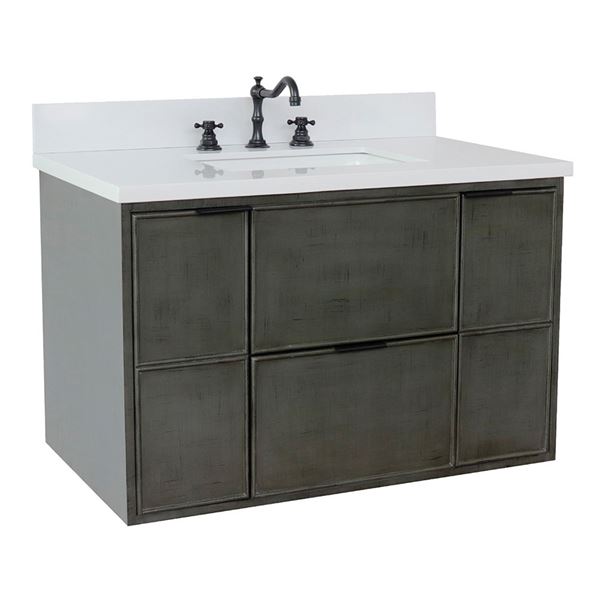 37" Single Wall Mount Vanity in Linen Gray Finish With White Quartz Top and Rectangle Sink