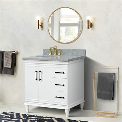 37" Single Vanity in White Finish with Gray Granite and Oval Sink- Left Door/Left Sink