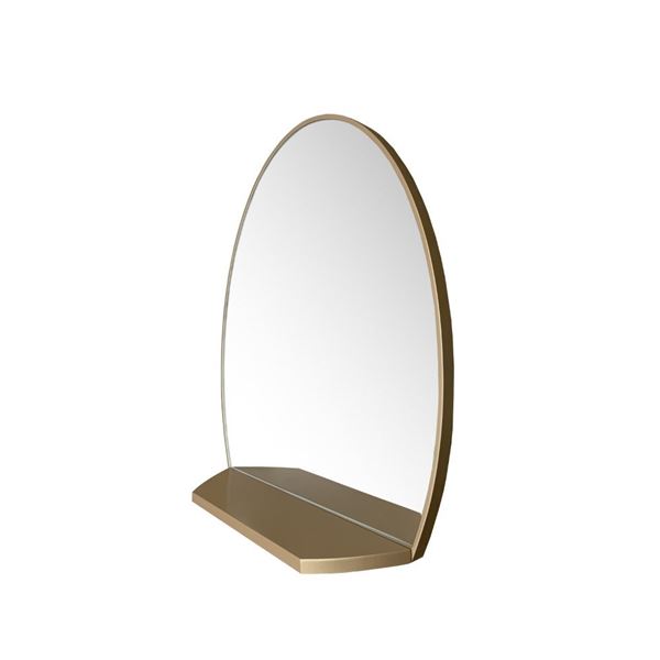 Oval Metal Frame Mirror with Shelf in Brushed Gold