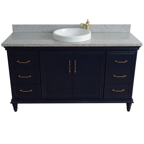 61" Single sink vanity in Blue finish and Gray granite and round sink